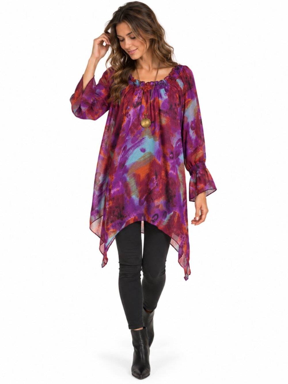 Ashro‎ Boho Sharkbite Chiffon Tunic M Abstract Bell Sleeve Ruffled Neck Fairy